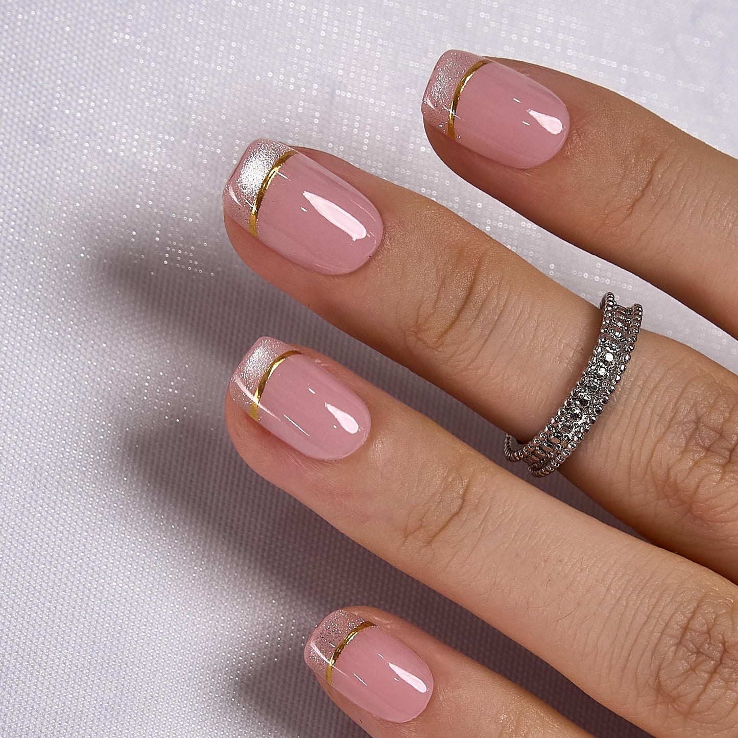 Curvlife Soft Gel Press on Nails, Cat Eye French Nail Tips, Full Cover Glossy Design Reusable Fake Nails Kit with Glue and Adhesive Tabs