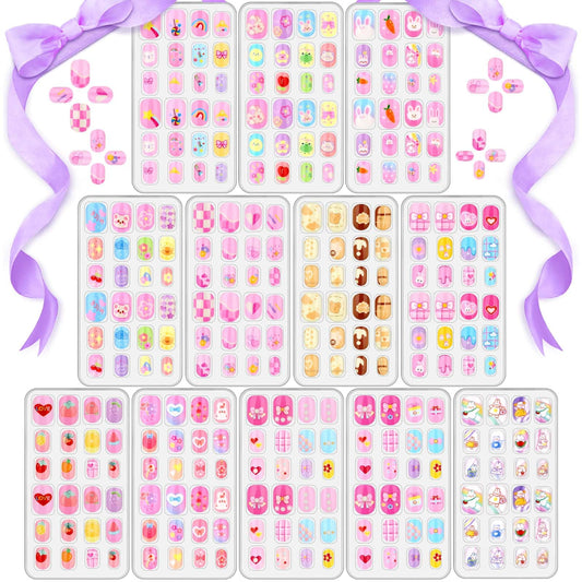 288 Pieces Kids Stick On Nails Girls, Acejoz Fake Nails Set Self Adhesive Press on Nails Tips for Little Girls Children 8-12 Year Kids Nail Decoration