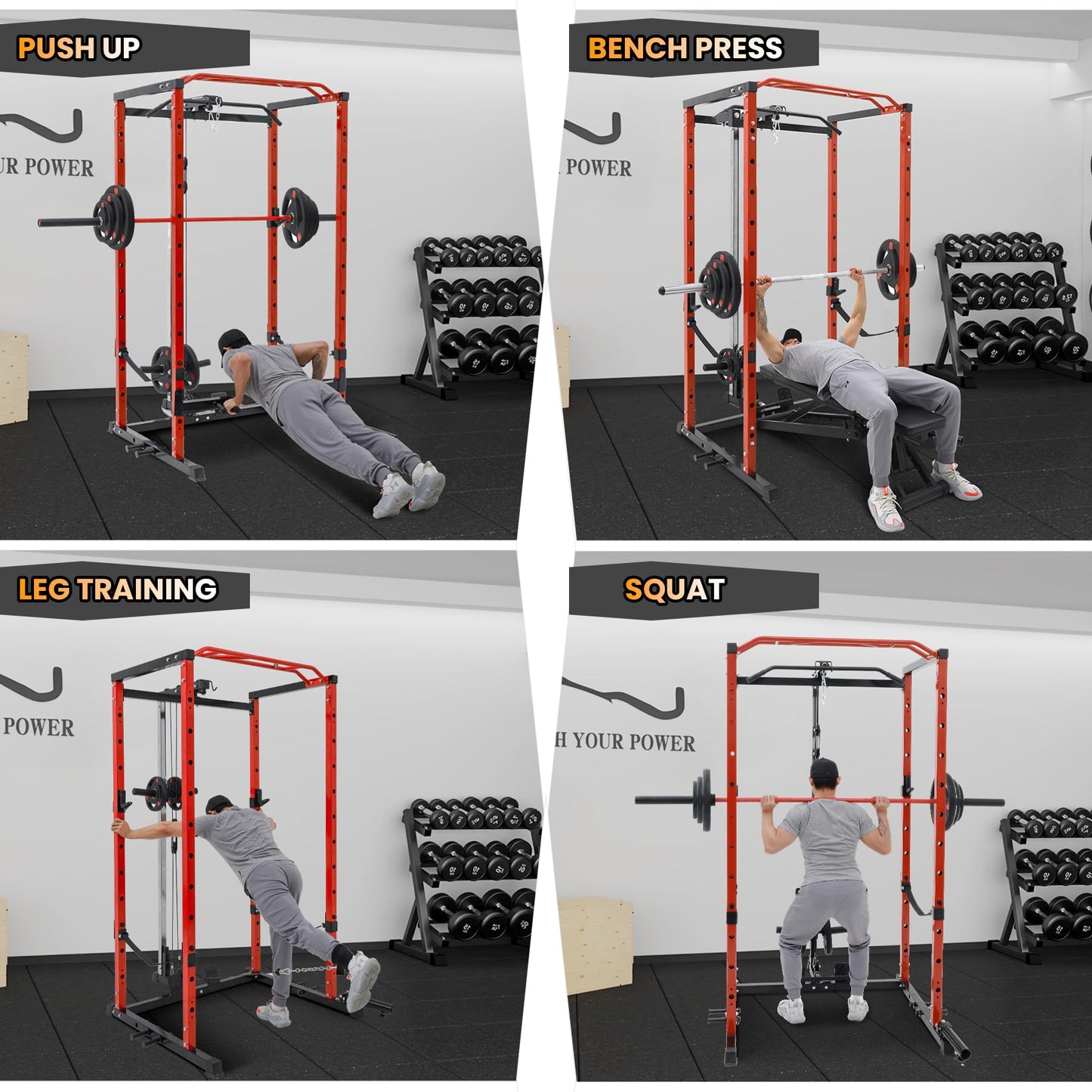GAOMON Multi-Function Power Rack - Heavy-Duty Power Cage with LAT Pulldown, Cable Pulley, j-Hooks, Dip Bars, Landmine Attachment (1600 LBS Weight Capacity) for Home Gym