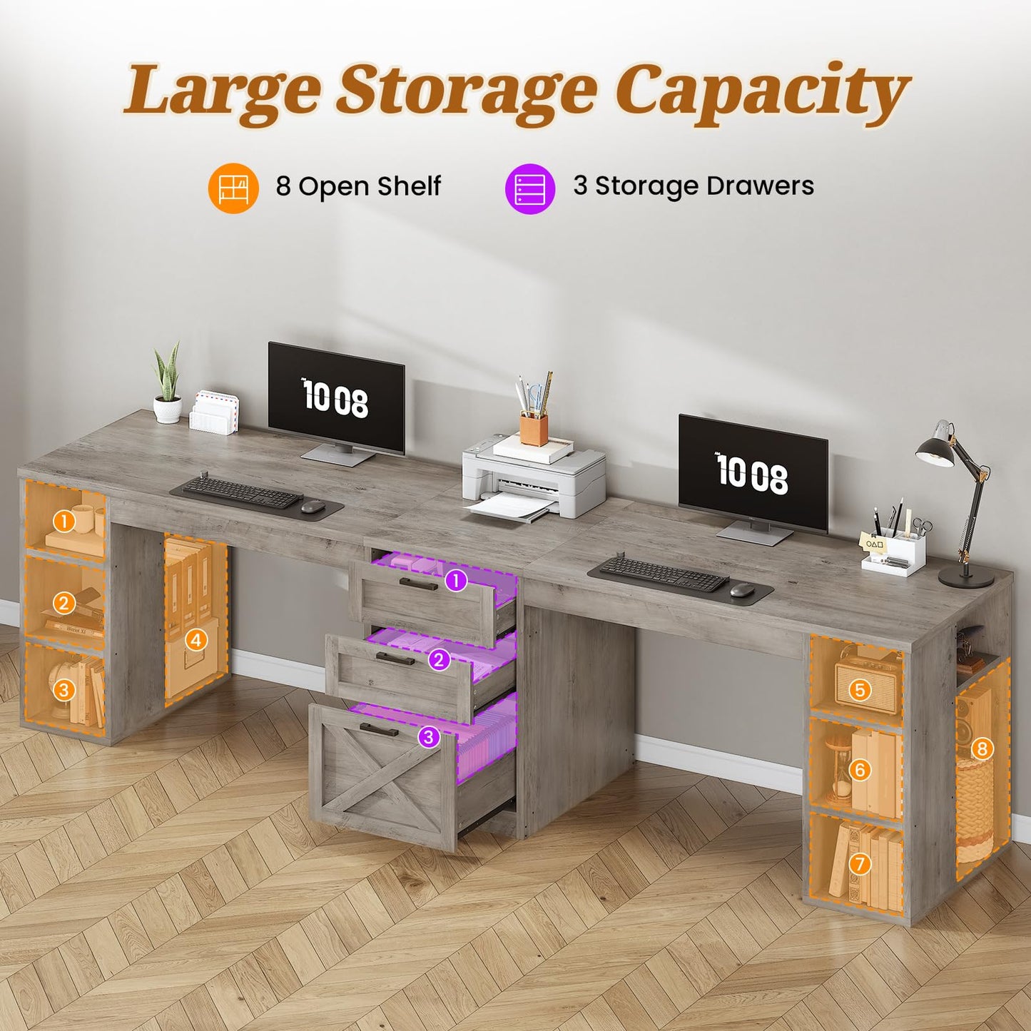 SEDETA Farmhouse 96.5" Computer Desk with Drawers, 2 Person Home Office Desk, Gaming Double Desk with Storage Shelves, Long Two Person Writing Desk (Grey)