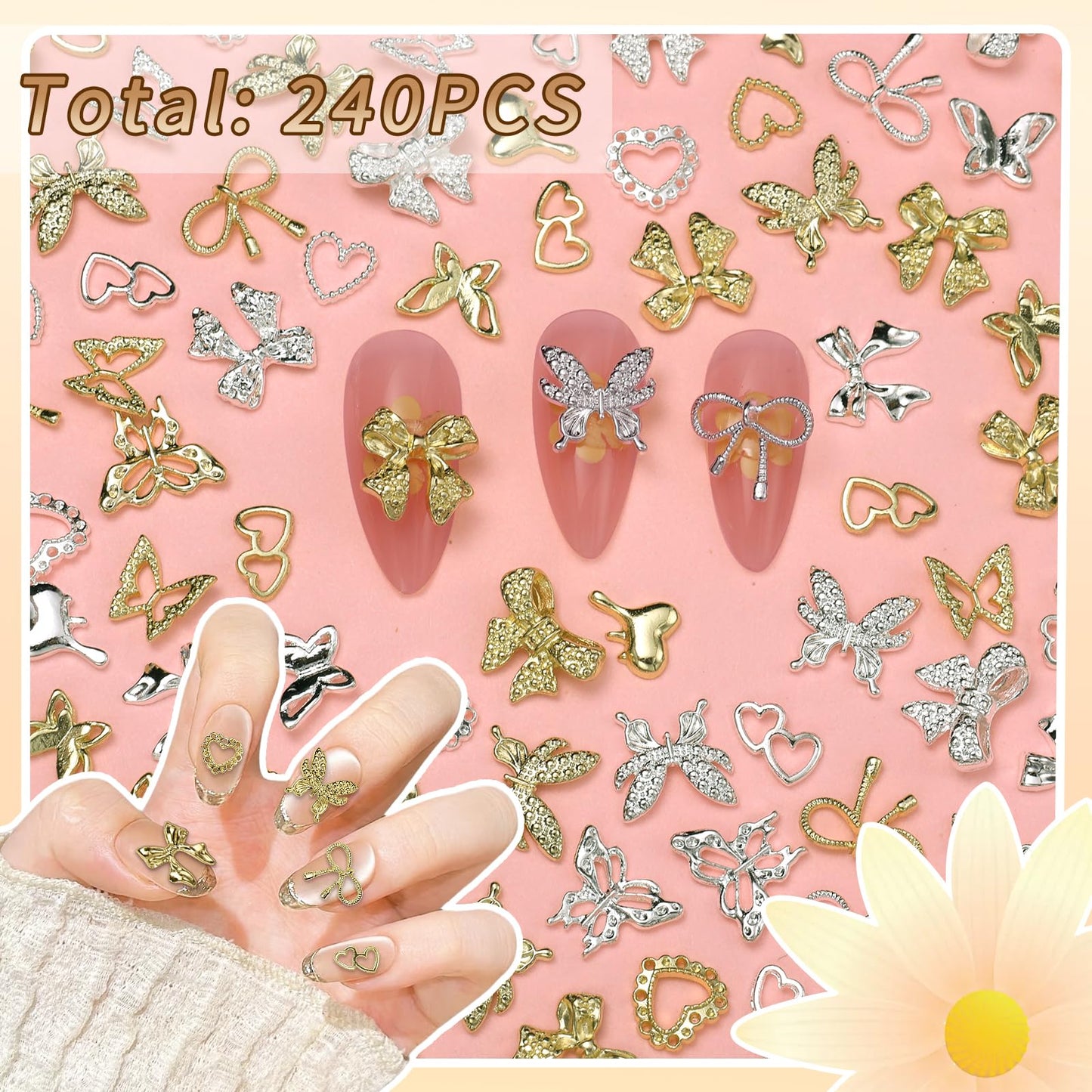 240 Pcs Alloy Gold Silver Nail Charms, Butterfly Heart Bow Gold Silver Nail Charms and Gems, 3D Y2K Metal Nails Jewels for DIY Nails Design Craft