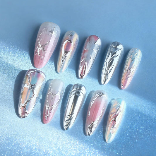 30 Pcs 3D Love Heart Press on Nails Stars Acrylic Fake Nail Moon Gel Glue on Nail Valentines Almond Medium False Nails Glossy Pink Glitter Gradient Stick on Fingernails for Women Valentine's Gift