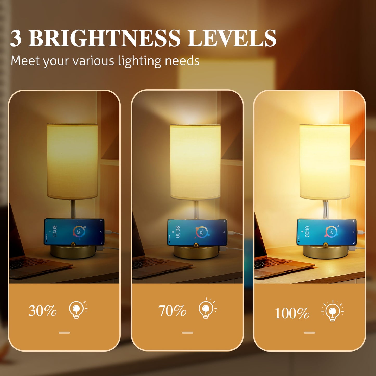 Briever Touch Control Table Lamp for Bedroom, 3-Way Dimmable Nightstand Lamp with USB Charging Ports, Bedside Desk Lamp with Gold Phone Stand & Round Linen Fabric Shade, Bulb Included