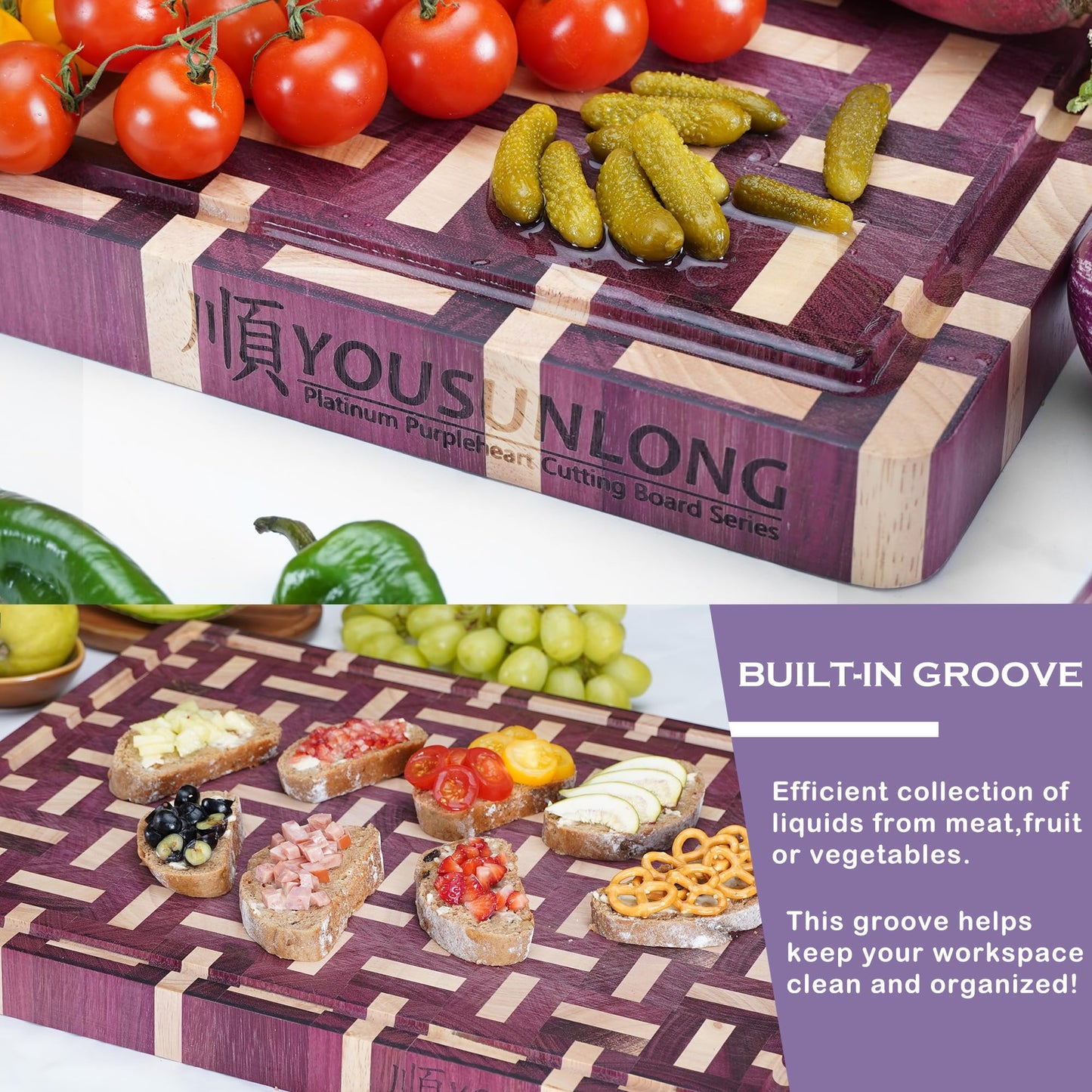 YOUSUNLONG Extra Large Cutting Board End Grain Purple Heart Wood - Thickened-Heavy Duty Butcher Block 24"L x 18"W x 1.5"Th w/Juice Groove and Handle - Serving Tray for Meat & Cheese,Brisket Board