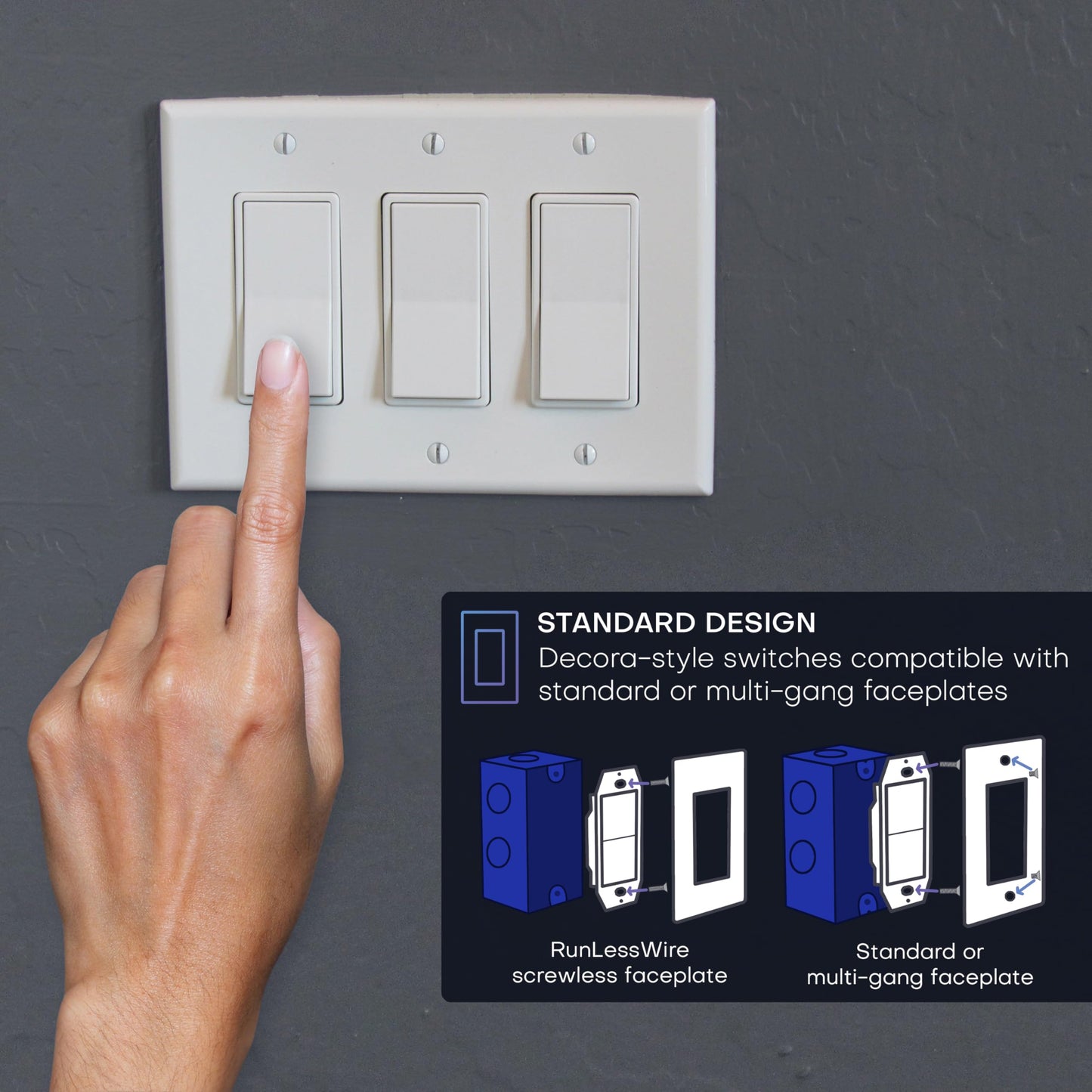 RunLessWire 4-Way Battery-Free DIY Wireless Light Switch Kit 150ft RF Range Self-Powered by Kinetic Energy for Hallways & Stairways: 3 Remote Switches Control 1 5A On/Off Receiver White