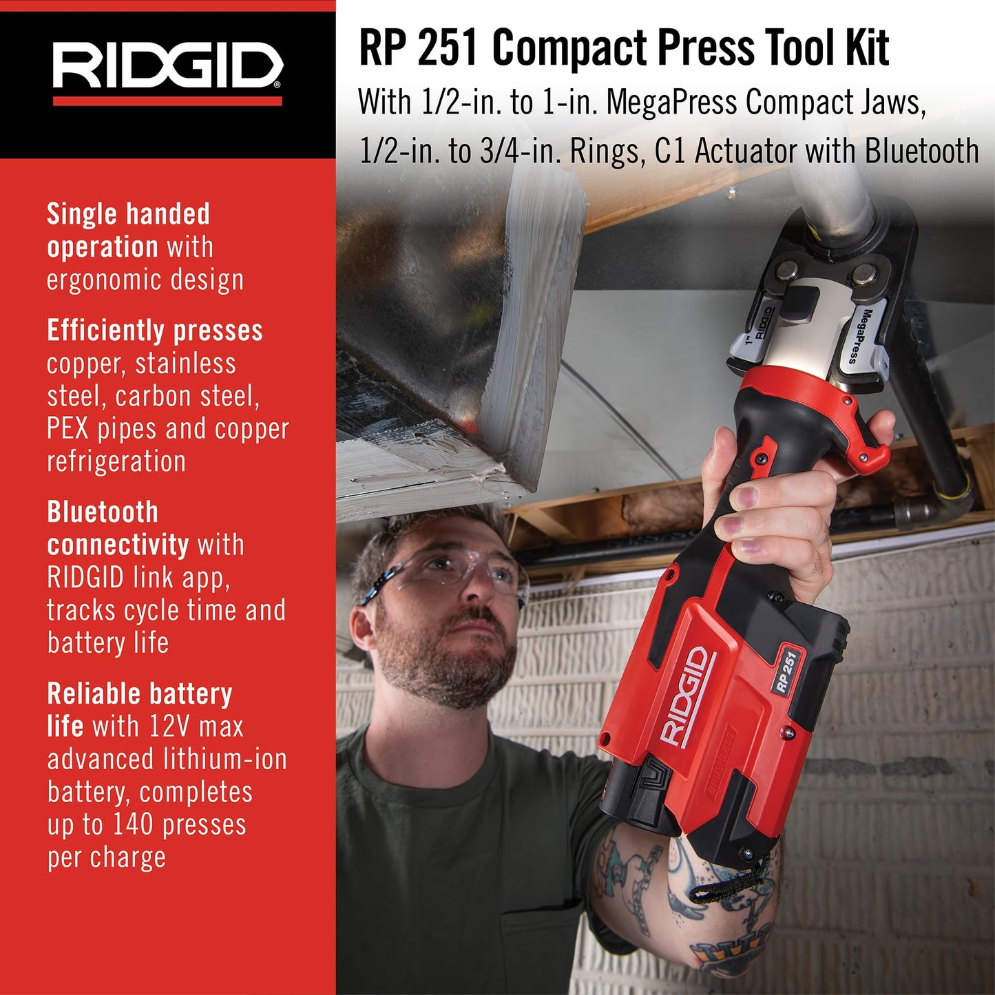 RIDGID 78228 RP 251 Compact Press Tool Battery Kit with (1/2" to 1") MegaPress Jaws and (1/2" to 3/4") Rings with C1 Actuator, In-Line Pressing Tool for Copper, Stainless Steel, PEX, and Carbon Steel