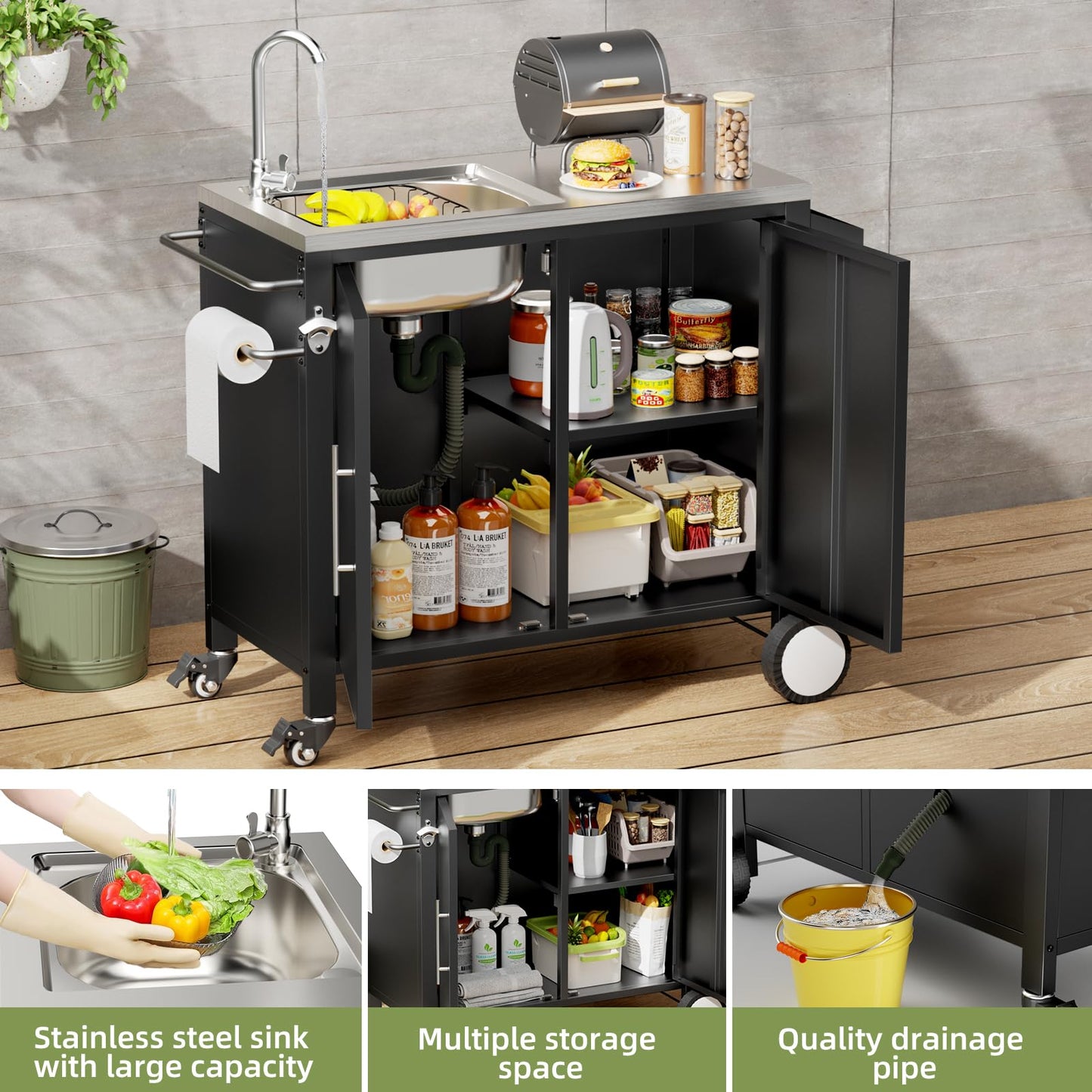 ahomrt Outdoor Grill Table with Sink, Grill Cart with 304 Stainless Steel Sink and Cabinet, Outdoor Grill Cart,Outdoor Cart Sink Station with Wheels, 38in x 18in x 35in