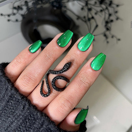 Medium Short Press On Nails Square - Spring Cat Eye Green Fake Nails Coffin Acrylic Nails Press ons Glue on Nails Opaque Glitter Short False Nails in 30 Pcs for Women