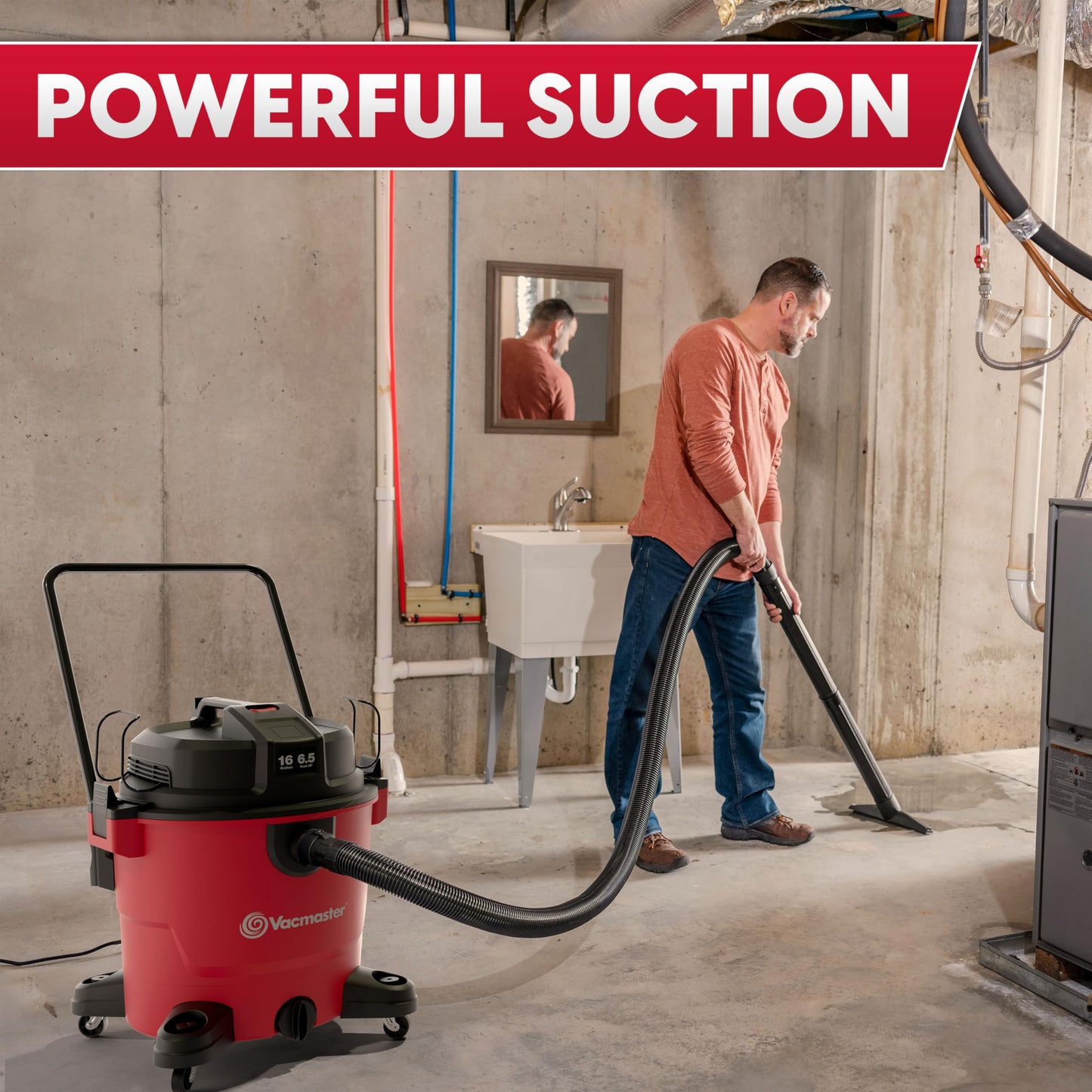 Vacmaster 16-Gallon 6.5 Peak HP† Wet/Dry Vacuum – VJH1612PF 1101, Red