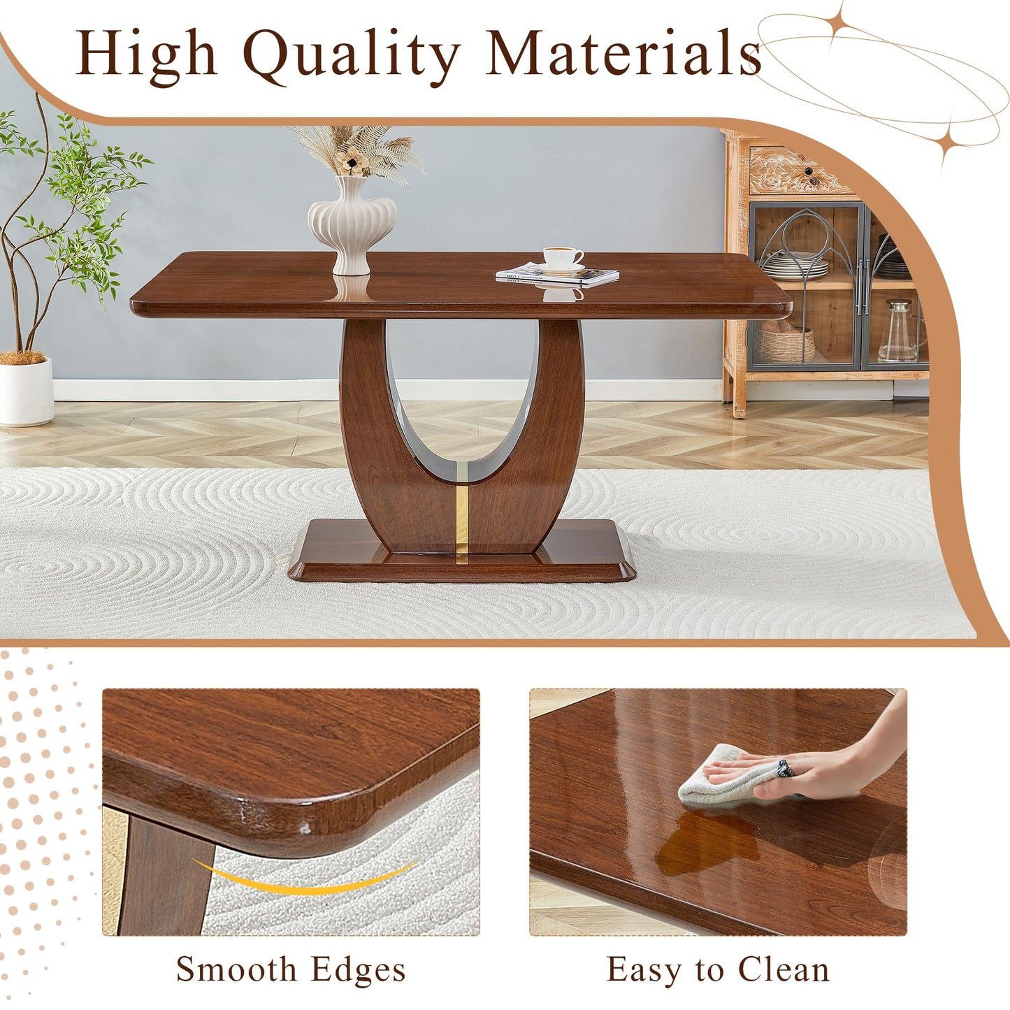 JUFU Modern Dining Table Set for 6, 63'' Kitchen Table Set with Faux Marble Tabletop and 4 PU Leather Upholstered 007 Brown Chairs, Dinner Table Set for 6, Ideal for Dining Room and Kitchen