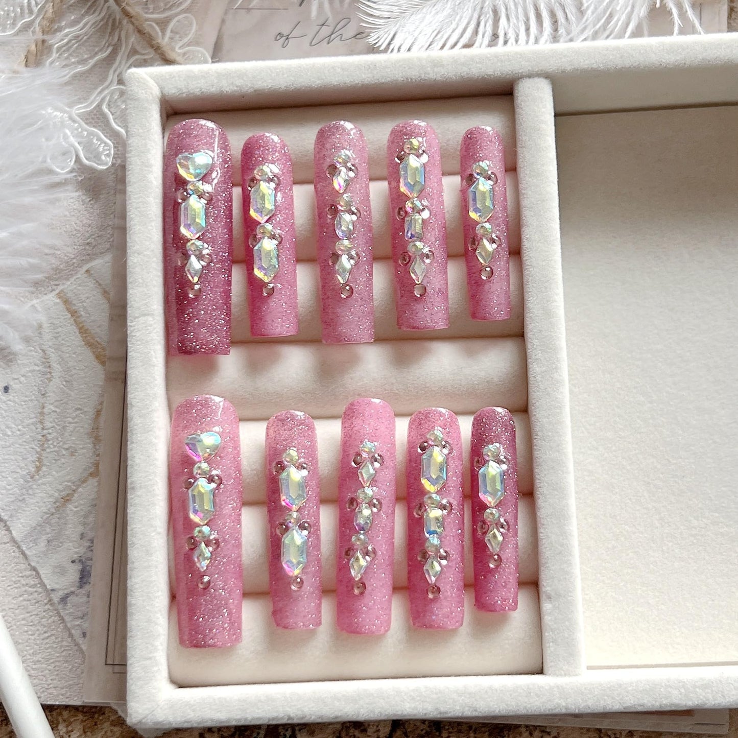 NAIL ANGEL 10PCS/SET Glamorous Handmade Press on nails Glitter Gem Rhinestone Long Coffin Nails Party Nails XXL Long Artifical Tips ZJ-05 (M)