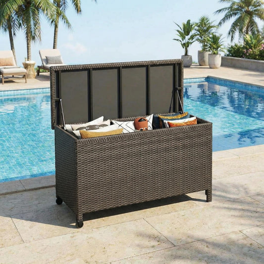 GarveeHome 185 Gallon Wicker Deck Box, All-Weather Outdoor Storage Bin with Rattan Finish, Large Capacity for Patio Furniture, Cushions, Pool Supplies & Garden Tools