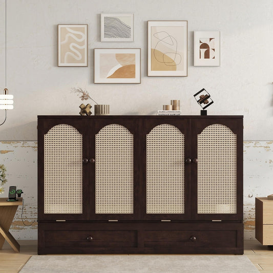 KEIKI Queen Murphy Bed w/Rattan Doors & Drawers, Space-Saving Foldable Wall Bed w/USB, Foldable Hidden Bed, Farmhouse Boho Style Guest & Living Room Bed, Espresso