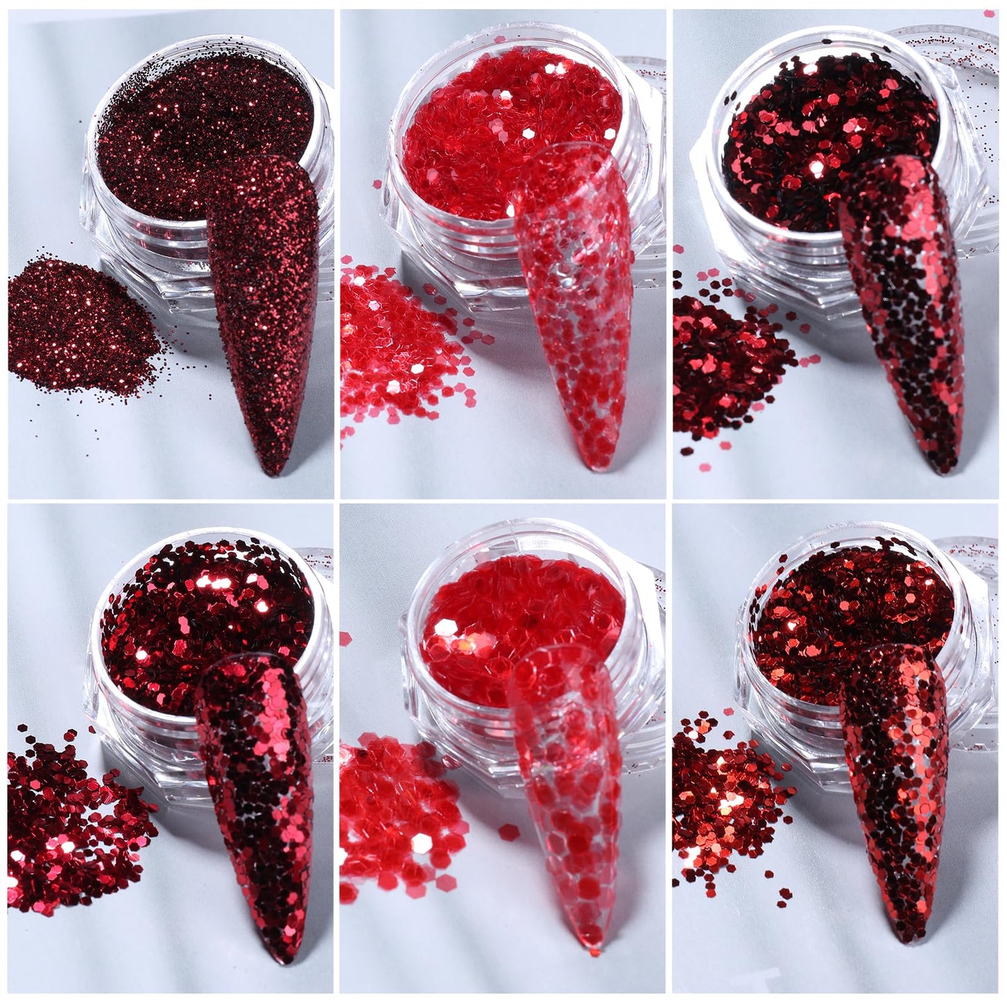 New Year Red Nail Art Glitters Nail Sequins 12 Boxes Holiday Nail Glitter Flakes 3D Red Series Hexagon Sugar Designs Nail Art Decoration Dipping Powder for Nails Supplies DIY Craft Accessories