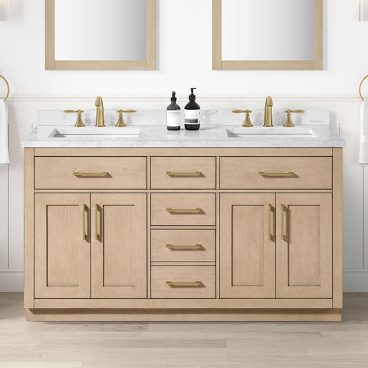 OVE Decors Athea 60 in. Double Sink Freestanding Sahara Birch Bathroom Vanity with White Engineered Marble Top, Matching Backsplash, Power Bar and Brushed Gold Hardware