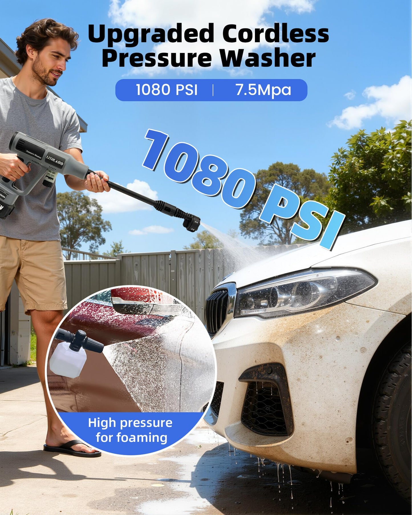 Cordless Pressure Washer 1080PSI with 2 x 4.0Ah Batteries, Portable Power Washer with 6-in-1 Nozzle,Foam Cannon, Hose, Faucet Adaptor, Handheld Pressure Washer for Car Wash Fences Driveways Patios
