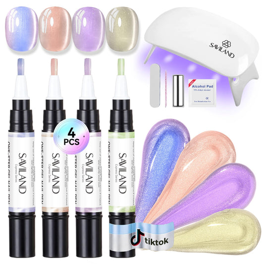 SAVILAND Express One-Step Gel Nail Polish Pens Set with U V Light: 4 Colors Cat Eye 3-in-1 Gel Polish Pen Kit Base & Color & Top in One Pen Fast Curing Polarized Cateye Nail Art Beginner Travel 4ml