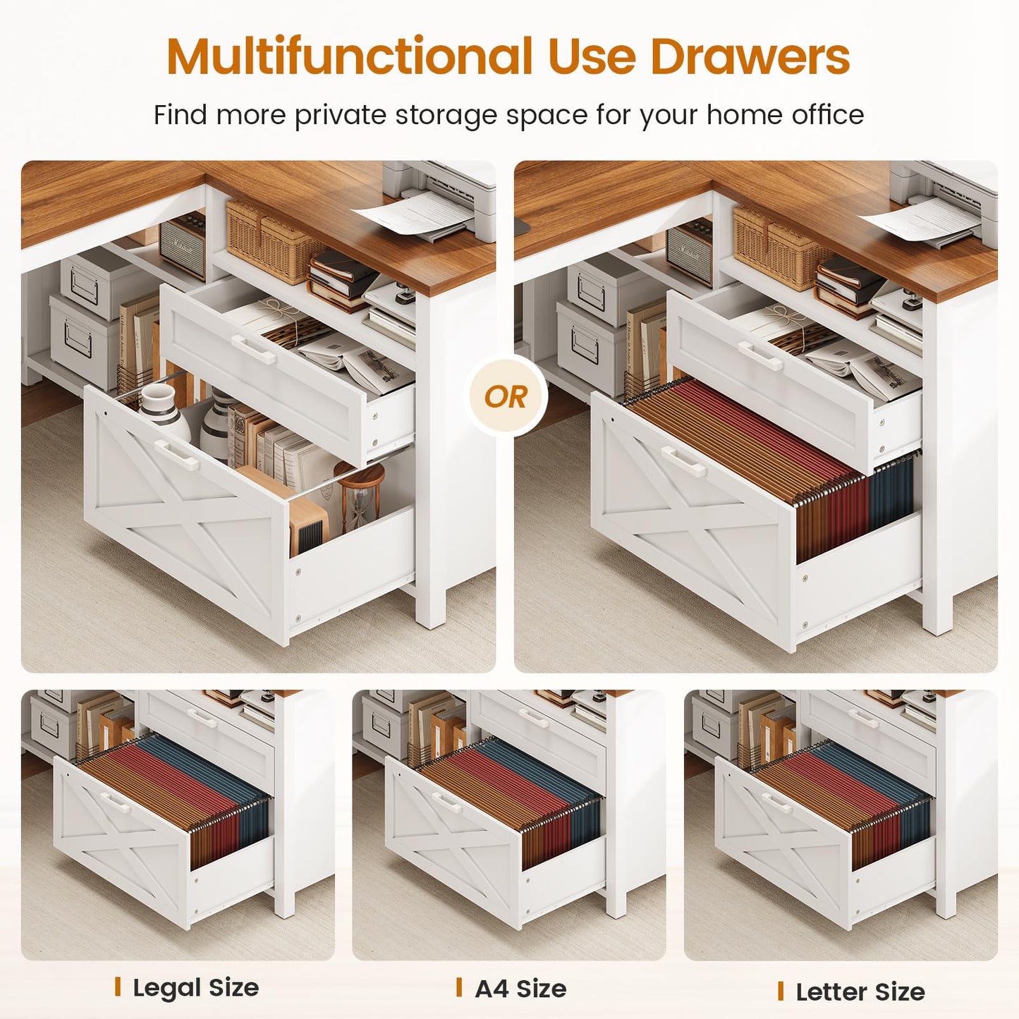 SEDETA Farmhouse L Shaped Desk, 55" Home Office Desk with Drawers and Storage Shelves, L Shaped Gaming Desk with LED Lights, Power Outlet and Monitor Shelf, Brown