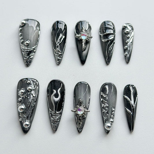 Luxury Press on Nails Long Almond Handmade 3D Unique Reusable ABS Material Fake French Tip Gothic False Nails with Designs Silver Curve Line Black&Gray Glue on Nails Thick Acrylic Nails(M)