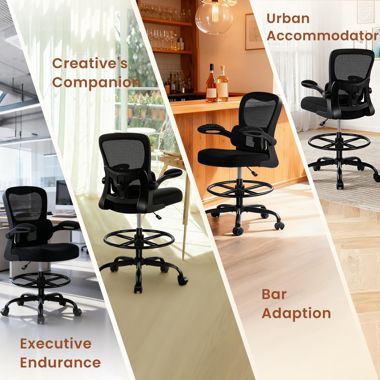 AreShark Drafting Office Chair - Ergonomic Tall Office Chair with Adjustable Footrest Ring - Counter Height Adjustable Rolling Standing Desk Chair with Lumbar Support and Flip-up Armrests for Home