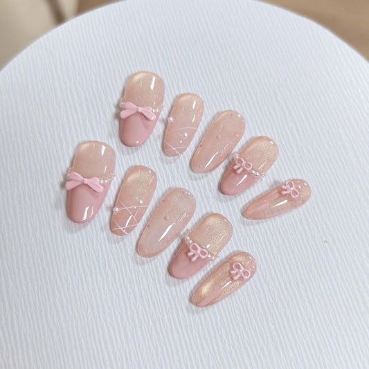 TENPAL Cute Sweet Handmade Press on Nails Almond,Ballet Butterfly Cat Eye Nude Pink Ombre French Tips Fake Nails with Tools, Reusable Spring Polka Dot Bow Pearl False Nails for Women 10pcs(L)