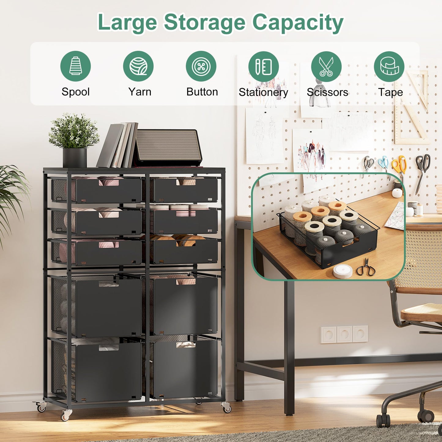 EasyPAG Rolling Cart with Drawers, 10 Drawer Multipurpose Mobile Utility Storage Craft Cart, Metal Filing Cabinet for Home Office, Black