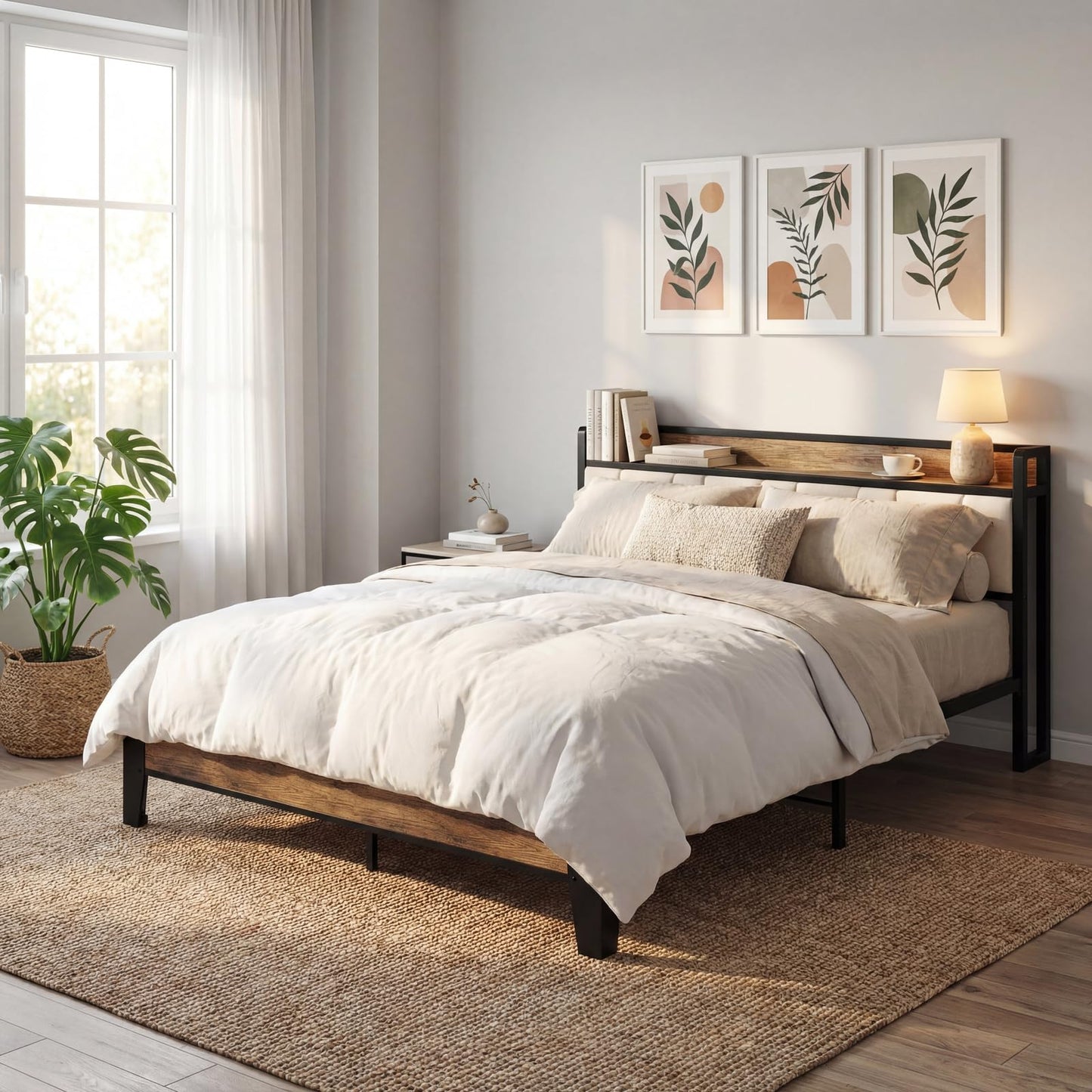 LIKIMIO Queen Bed Frame, Storage Headboard with Charging Station, Solid and Stable, Noise Free, No Box Spring Needed, Easy Assembly (Walnut and Beige)