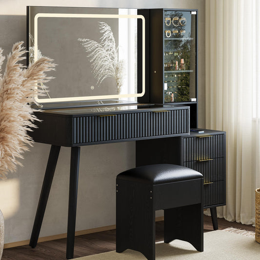 Garvee Vanity Desk with Lighted Mirror, Makeup Vanity with Charging Station, Glass Top Dressing Table with Cushioned Storage Stool for Bedroom, Black