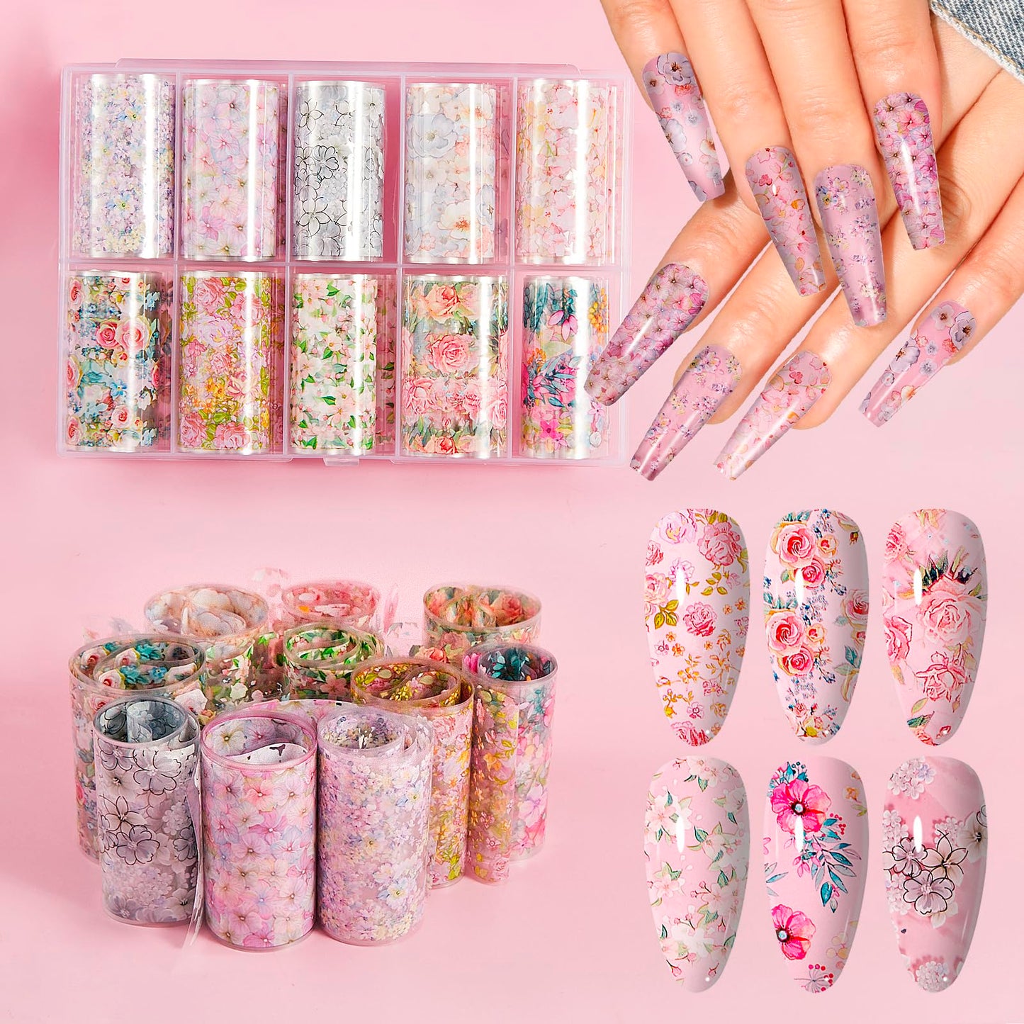 XEAOHESY 10 Rolls Flower Nail Foil Transfer Stickers Flowers Nail Art Decals Floral Nail Foils Transfer Sticker