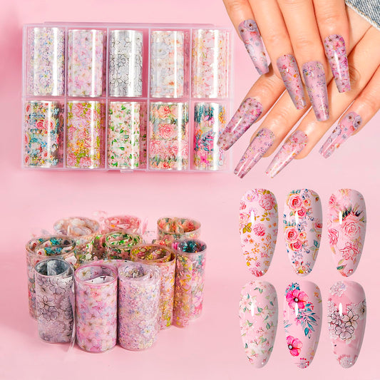 XEAOHESY 10 Rolls Flower Nail Foil Transfer Stickers Flowers Nail Art Decals Floral Nail Foils Transfer Sticker