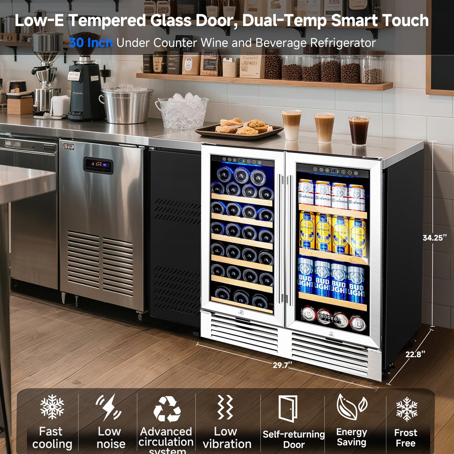 BODEGA 30" Back Bar Cooler with 2 Glass Doors, Commercial Wine & Beverage Refrigerator, Holds 31 Bottles & 92 Cans Dual Zone Drink Fridge, for Beer,Soda Drinks,Wine