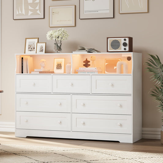 IDEALHOUSE Dresser for Bedroom with 7 Drawers, LED Lights & Charging Station, Wooden Chest with 2 Open Compartments, Freestanding Storage Organizer for Closet, Nursery, Entryway, White