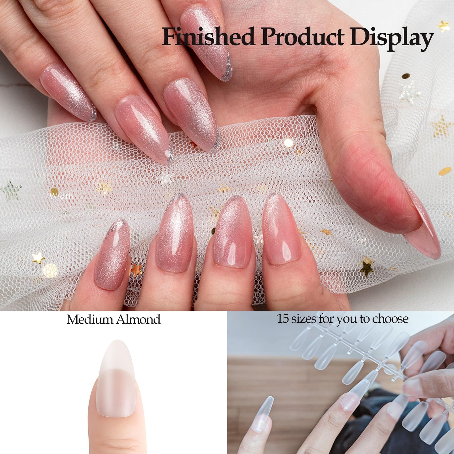 Sun&Beam Nails Fake Nails Tips Full Clear Acrylic Cover for Manicure Salons Nail Art 15 Sizes 240 Pcs (Medium Almond)