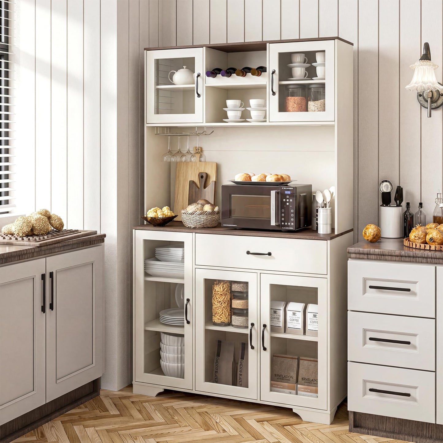 Hotmeily 71" Tall Pantry Cabinet with Charging Station, Kitchen Hutch with 3 Color LED Lights & Microwave Stand, Coffee Bar Cabinet with Large Storage Drawers for Dining Room, Living Room, White