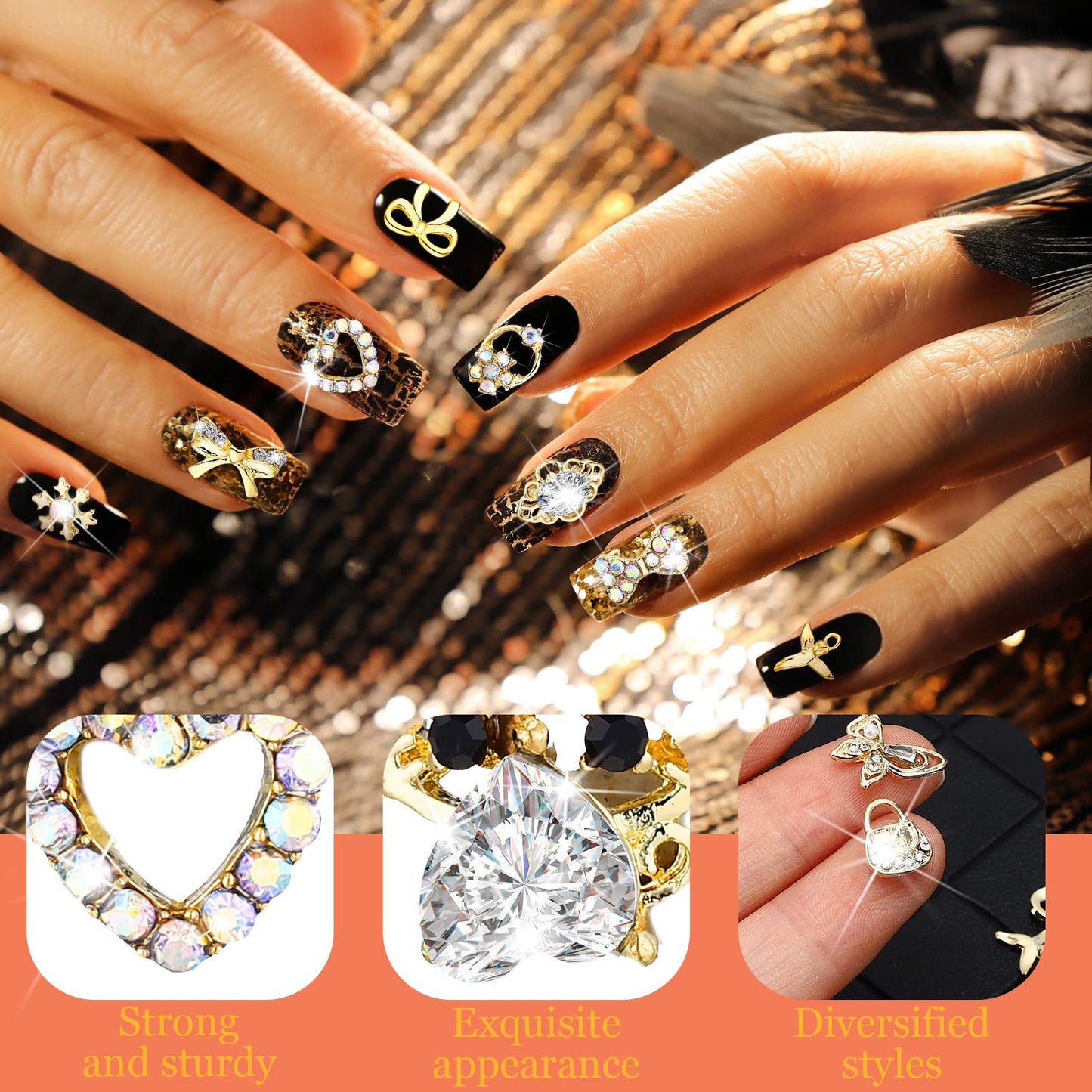 Lounsweer 100 Pcs Gold Nail Charms and Gems, 3D Gold Rhinestones Shiny Metal Crown Heart Butterfly Angel Luxury Crystal Diamonds Decor for Acrylic Nails Art Alloy Women Art Design DIY