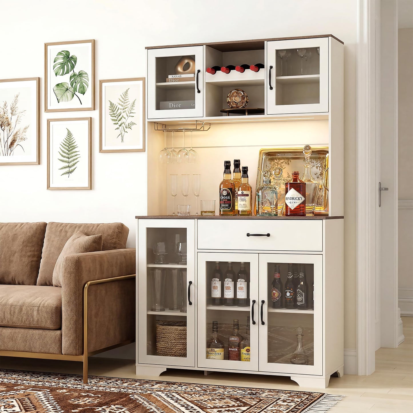 Hotmeily 71" Tall Pantry Cabinet with Charging Station, Kitchen Hutch with 3 Color LED Lights & Microwave Stand, Coffee Bar Cabinet with Large Storage Drawers for Dining Room, Living Room, White