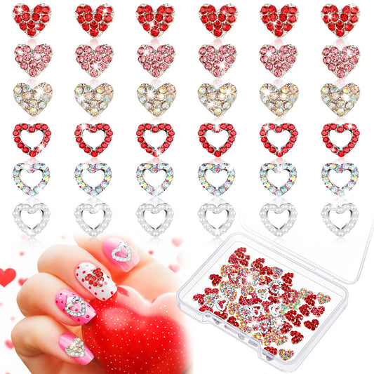 60 Pieces Valentines Day 3D Heart Nail Charms Heart Rhinestone Art Decals Love Crystal Gems Alloy Diamonds Decor for Valentine‘s Day Women DIY Nail Jewelry Accessories(Novel Style)