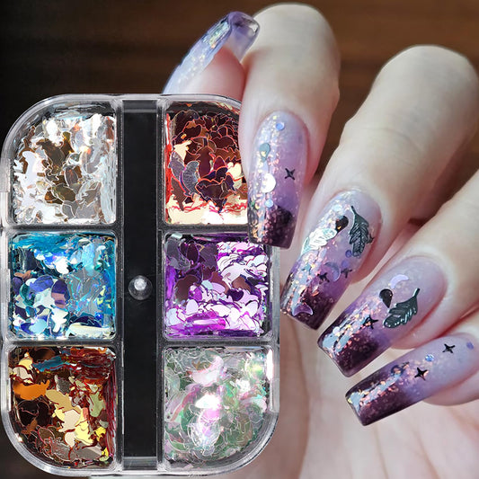 Laser Feather Glitter Sequins Nail Accessories Mix 6 Colors Manicure Feather Nail Art Glitter Flakes 3D Nails Supplies Jewelry Studs Nail Decoration Kit Suitable for Women Sparkly Acrylivc Nail