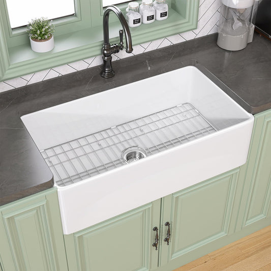 TUKTUK White Farmhouse Sink 30X20 inch Fireclay Farm Sink Apron Undermount Kitchen Sink Single Bowl Extra Wide Large Capacity Drop-in Modern Kitchen Sink with Luxury Bottom Grid & Strainer