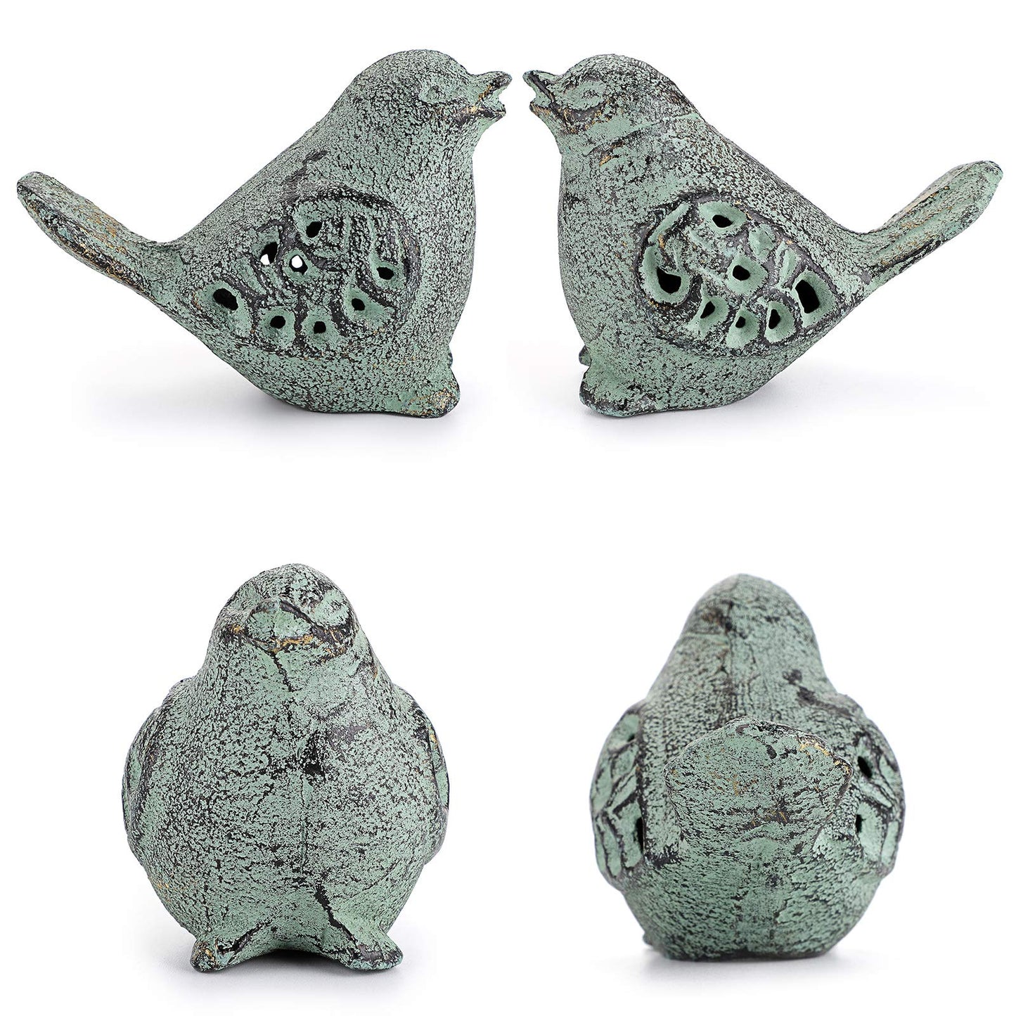 OwnMy 2PCS Cast Iron Green Bird Sculptures - Outdoor & Indoor Small Birds Statues, Hollow Carved Bird Figurines Ornaments Decorative Animal Figurines for Garden Patio Home Decors