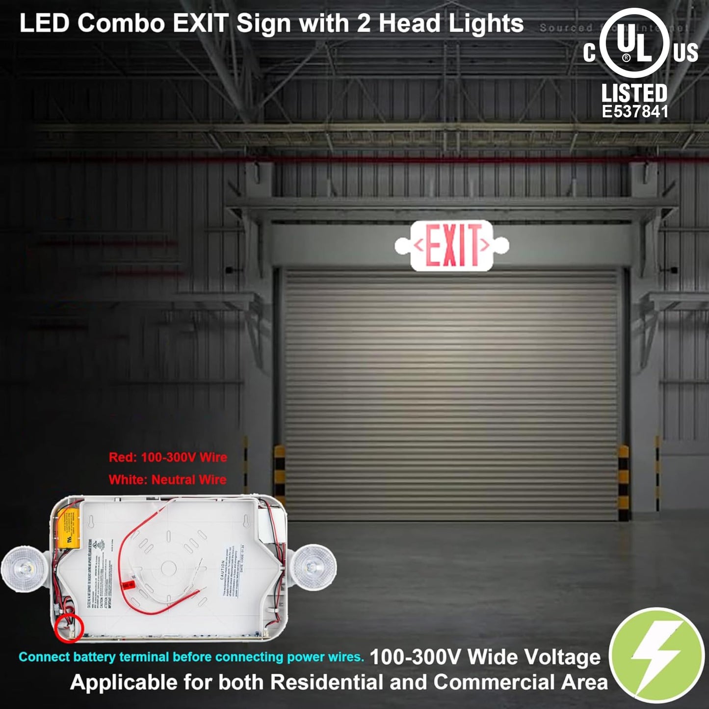 LIT-PaTH LED Combo EXIT Sign with 2 Adjustable Head Lights and Doube Face, Back Up Batteries- US Standard Red Letter Emergency Exit Lighting, UL 924 and CEC Qualified, 120-277 Voltage, 1-Pack