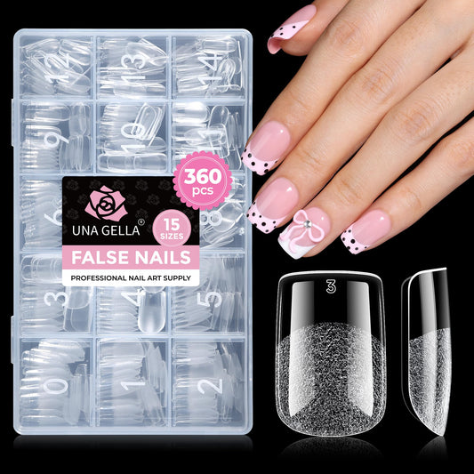 UNA GELLA Short Square Nail Tips 360Pcs, 15 Sizes No Filing Needed Soft Gel Nail Tips Square Short, Clear Full Cover Pre-Buffed Acrylic Nail Extensions, Soak Off False Nails for DIY Salon