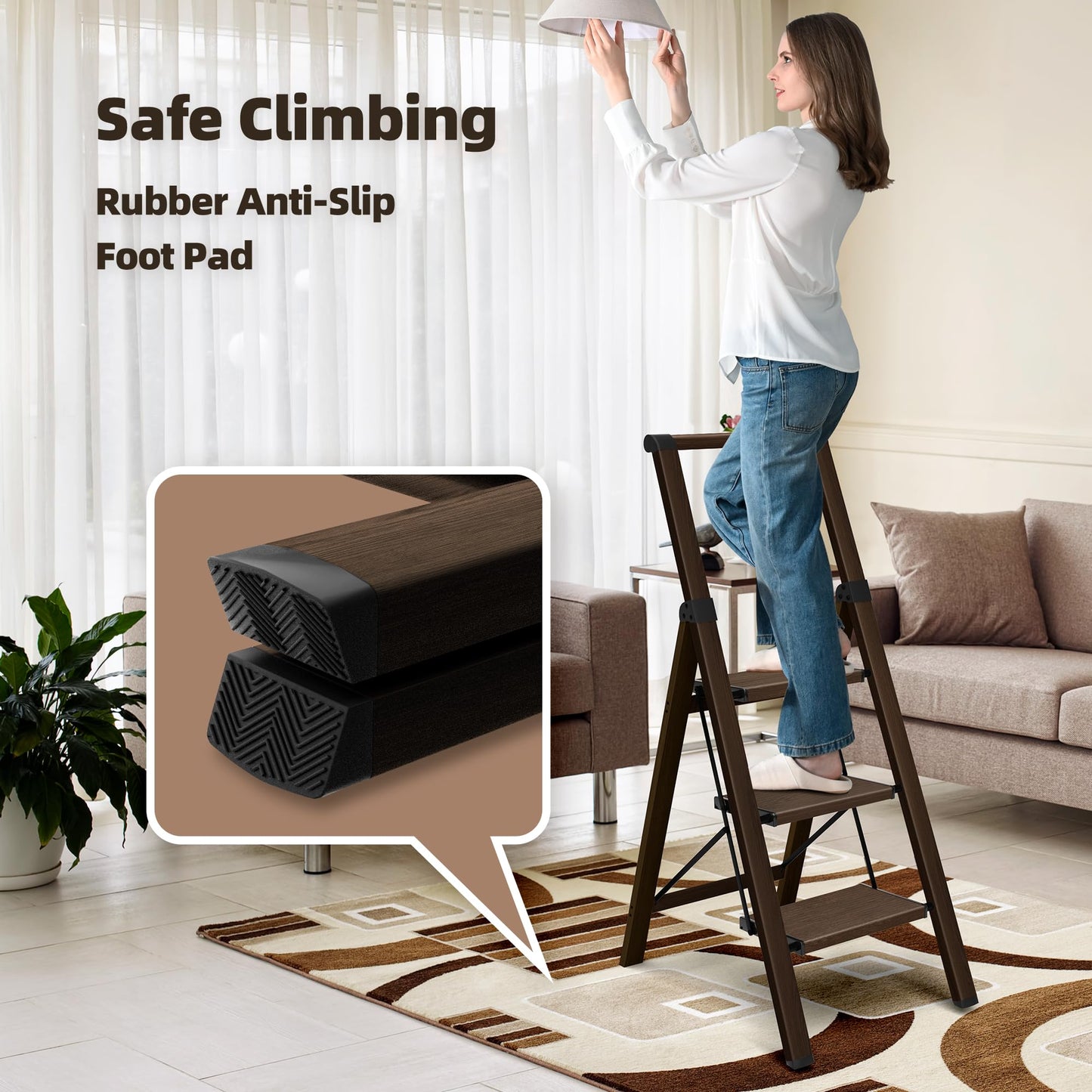 HillhutApex 3 Step Foldable Aluminum Step Ladder with Handgrip, Anti-Slip Pedal, 330lbs Capacity, Lightweight & Portable for Home, Kitchen, Office, Garage (Walnut)