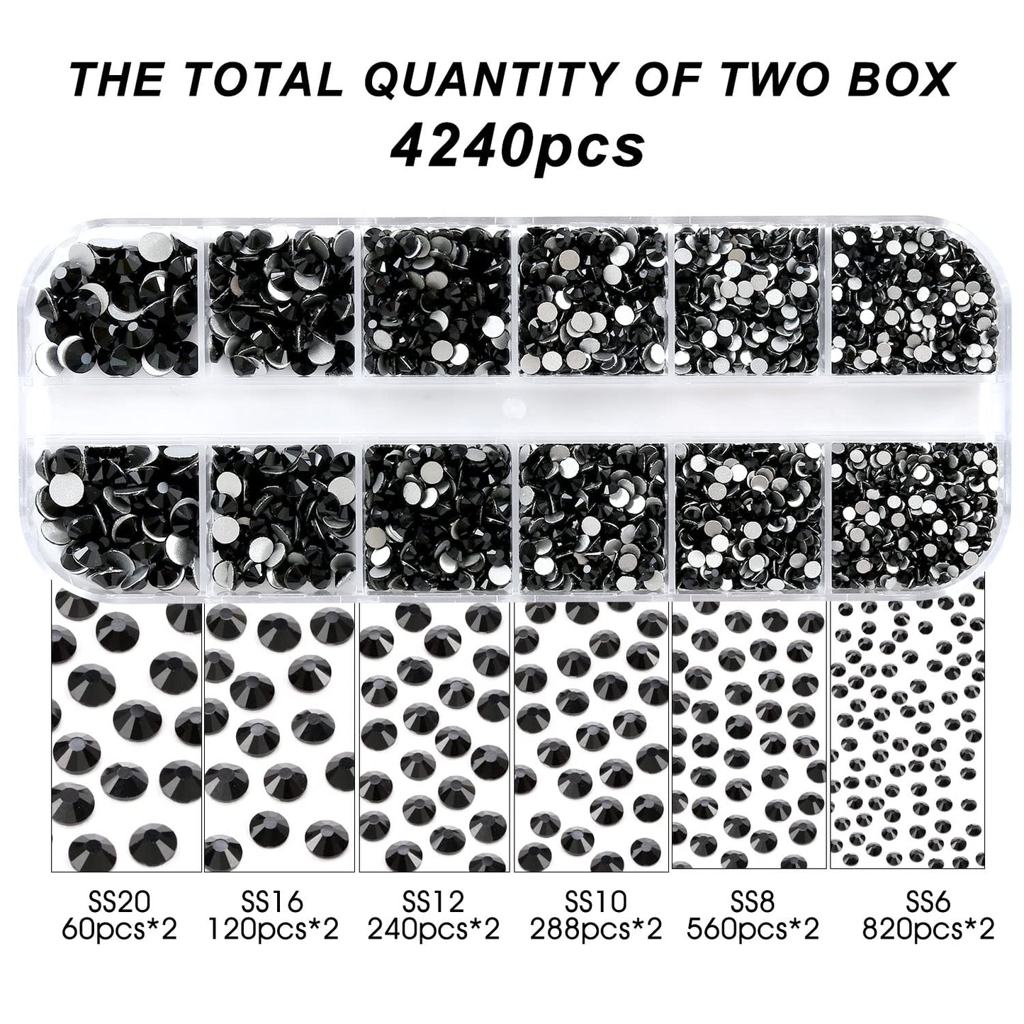 Meibite Black Glass Flatback Rhinestones for Nails, Crafts & Clothes – 4240PCS 6 Sizes (SS6–SS20) Crystal Gems Kit with Tweezers & Picker, Non Hotfix DIY Rhinestones for Tumblers, Shoes, Nail Art