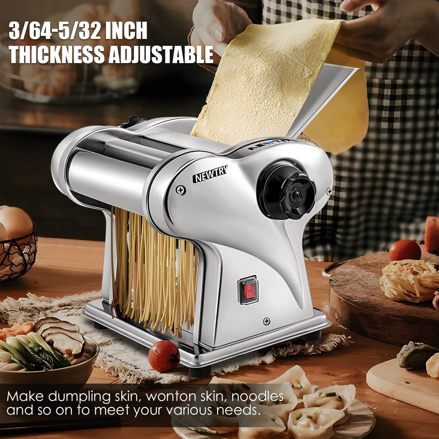 NEWTRY Electric Pasta Maker Noodle Maker Pasta Making Machine Dough Roller Cutter Thickness Adjustable Stainless Steel US 110V for Family Use 2 Blades Type