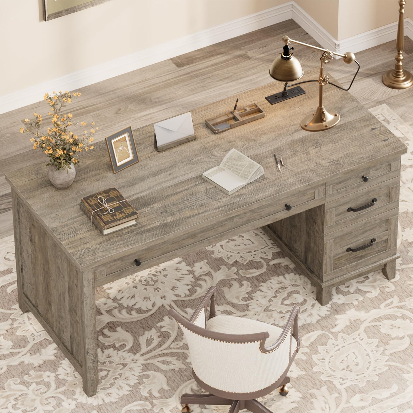 Garvee 53.5" Wooden Home Office Desk with File Drawers, Executive Desk with Power Outlet, Farmhouse Wood Desk with Storage, Distressed Study and Work Table, Rustic Grey