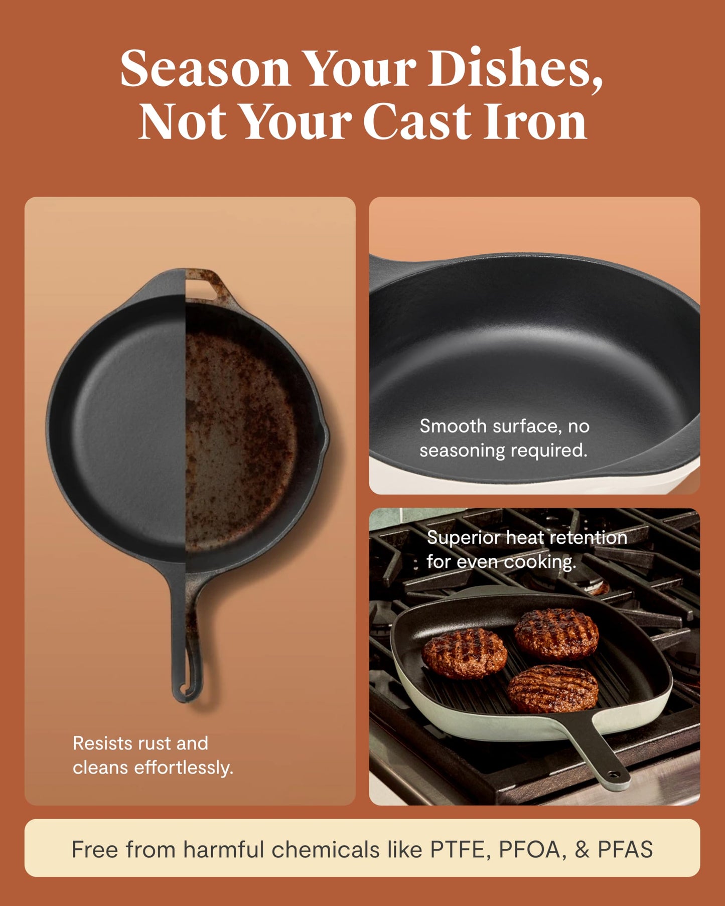 Caraway 10.5” Cast Iron Skillet & Grill Pan Duo – Enameled Cookware Set with Non-Toxic 3-Layer Enamel Coating – No Seasoning Required – Compatible with All Stovetops – Gray