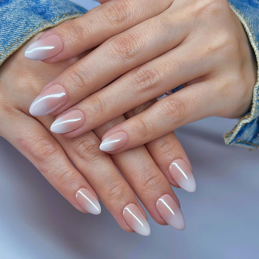 Sunruby Hand Painted Handmade Press On Nails Short Almond Ombre Pink White with an Ultra-Glossy Mirror Finish.Reusable Soft Gel Nails in 15 Sizes -30 Nail Kit with Glue | Designed in LA|Vanilla Cream