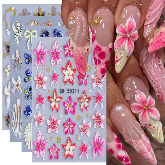 5D Flower Nail Stickers for Nail Art - Self-Adhesive 3D Embossed Floral Nail Decals with Starfish Shell & Bow Designs, Cute Summer Ocean Nail Stickers for Women DIY Manicure 4 Sheets