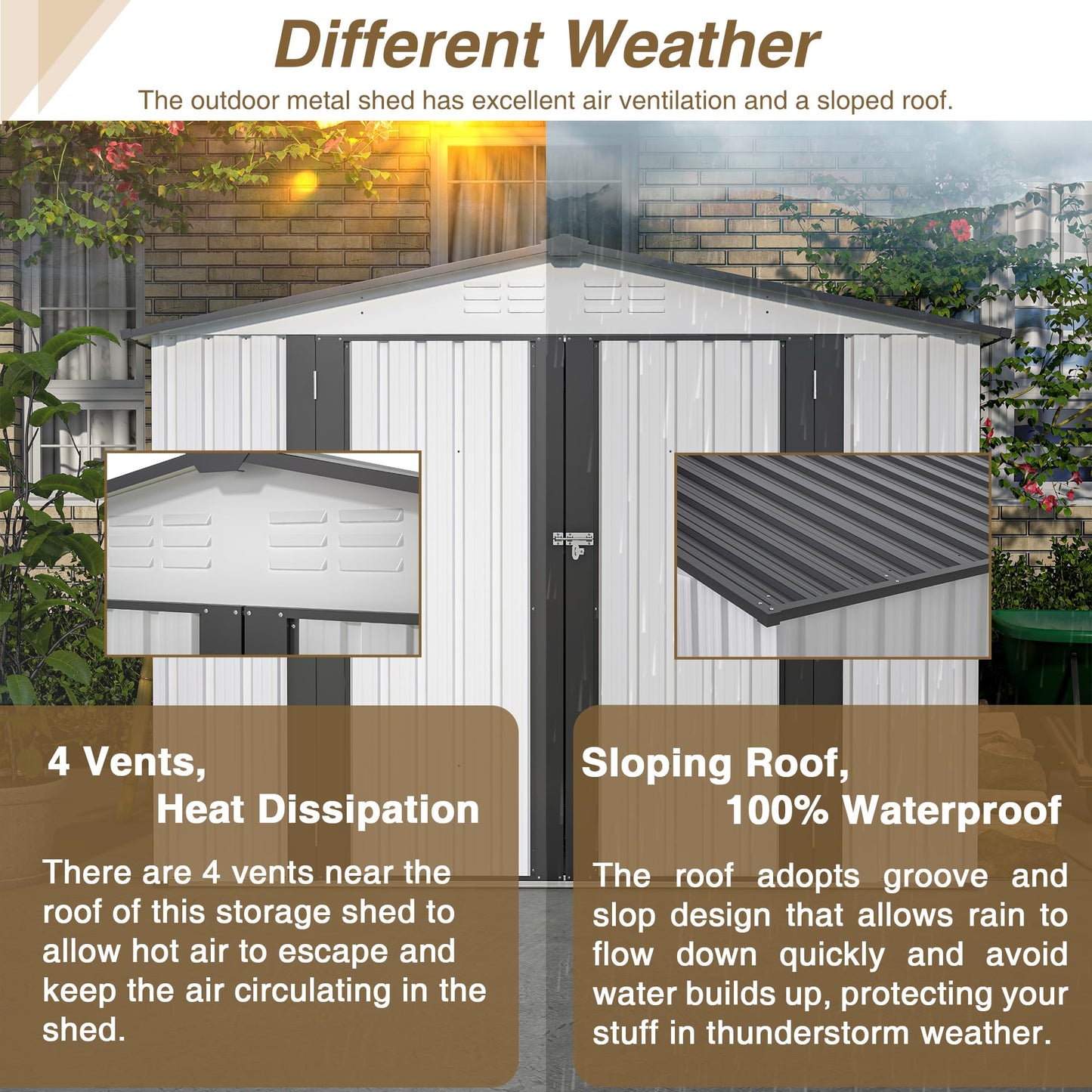 KEIKI Storage Shed 8x6 FT, Large Metal Tool Shed for Outdoor Storage, Galvanized Steel Garden Shed with Lockable Doors for Patio, Backyard, Lawn, White